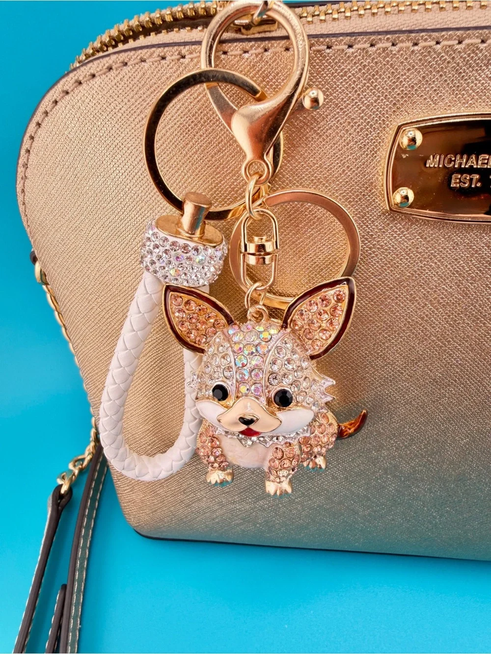 🐶 White & Gold CORGI PUPPY DOG Crystal Rhinestone Bag Charm /Keychain + Key Ring